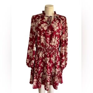 CeCe Burgundy Floral Long Sleeve Smocked Waist Tie Neck Dress